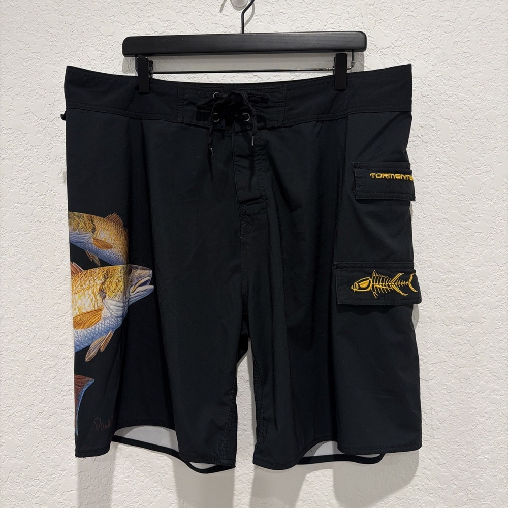 Tormenter Black Skeleton Fish Boardshorts Pockets Men's Size 38